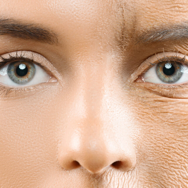 Aging concept. Comparison of young and old. Real result achieved with work of professional makeup artist. Not CGI.